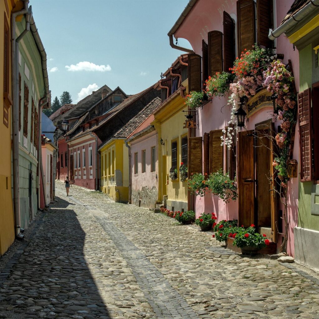 Stradă pietruită cu case colorate și mușcate la ferestre